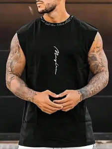 Men's Letter Print Round Neck Tank Top, Regular Fit Casual Sleeveless Crew Neck Top for Summer, Fashion Men's Clothes for Daily Wear, Casual Style Tee