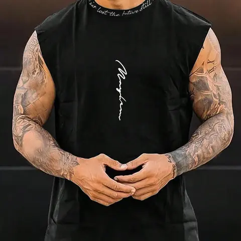 Men's Casual Letters Print Round Neck Tank Top, Regular Fit Casual Sleeveless Crew Neck Top for Summer, Fashion Men's Clothes for Daily Wear, Casual Style Tee