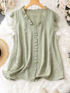 Plus Size Women's Shirt with Ruffles and Embroidery Design, Comfortable Loose Fit Cotton Blouse for Casual Wear