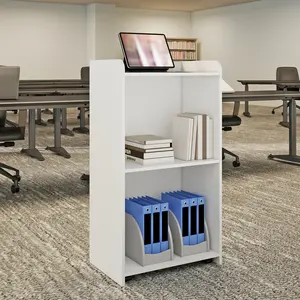 Podium Stand Portable with Wheels, Classroom Lectern for Teacher with Adjustable Storage Shelf, Mobile Rolling Church Pulpits, Office Wooden Reception Desk, Host Stand for School Conference
