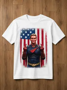 Homelander Shirt with Distressed American Flag Design, Funny Superhero TV Show Tshirt on Blood Splatter Patriotic Graphic Tee