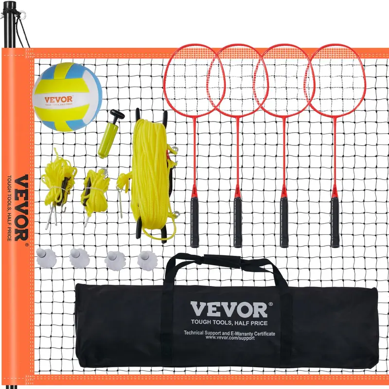 VEVOR Unisex Outdoor Volleyball & Badminton Combo Set - Badminton Equipment, 5.1–8ft Height Set, PE Cloth Portable Net, Sturdy Steel Poles, PVC Volleyball, Pump+Ball, 4 Shuttlecocks, Rackets, Carrying Bag, Beach/Lawn Use, Easy Setup