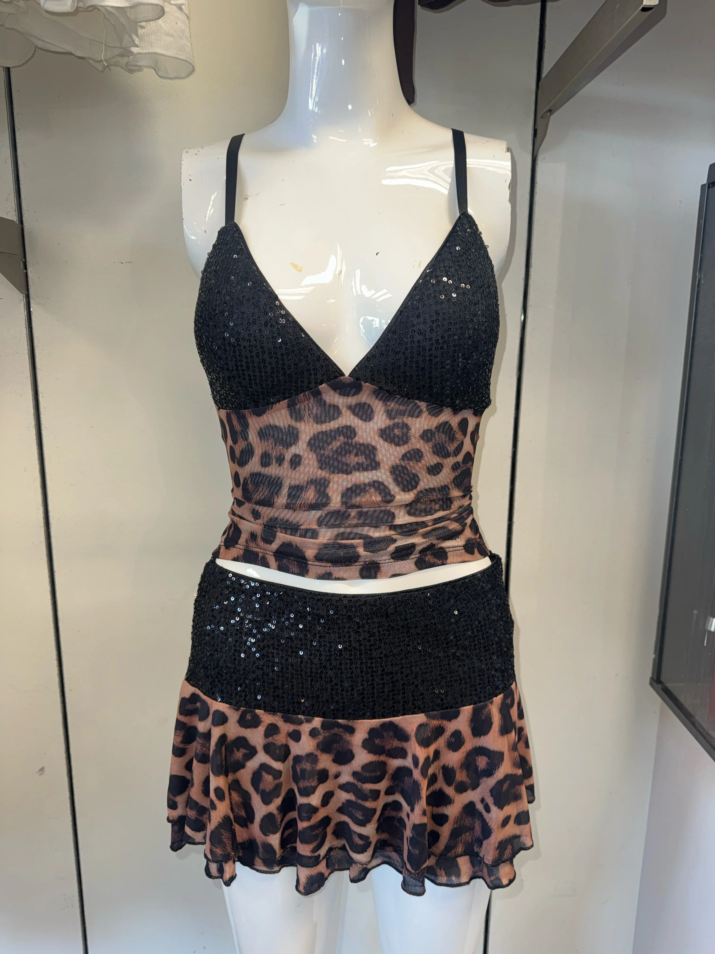 Women's Leopard Print 2 Piece Skirt Set | Sequin Cami Top & Ruffle Mini Skirt Set