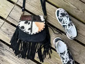 Saddle Stitch Cowhide Patchwork Fringe Suede Leather Crossbody Bag with Magnetic Snap Closure & Divided Interior for Everyday Essentials