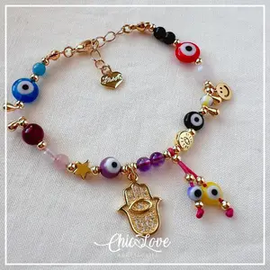 Amethyst Evil Eye for Protection & Energy Balance – Handmade Hamsa with Blue Jade and Fuchsia Agate, Adjustable Gift for Women, Spiritual Jewelry, Boho Style Bracelet Crystal Gemstone Natural