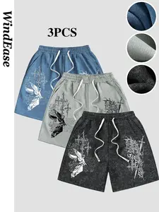 3pcs Men's Angel Cross Print Casual Shorts, Loose Fit Drawstring Waist, Floral Pattern, Above Knee, Ideal for Dating and Daily Wear