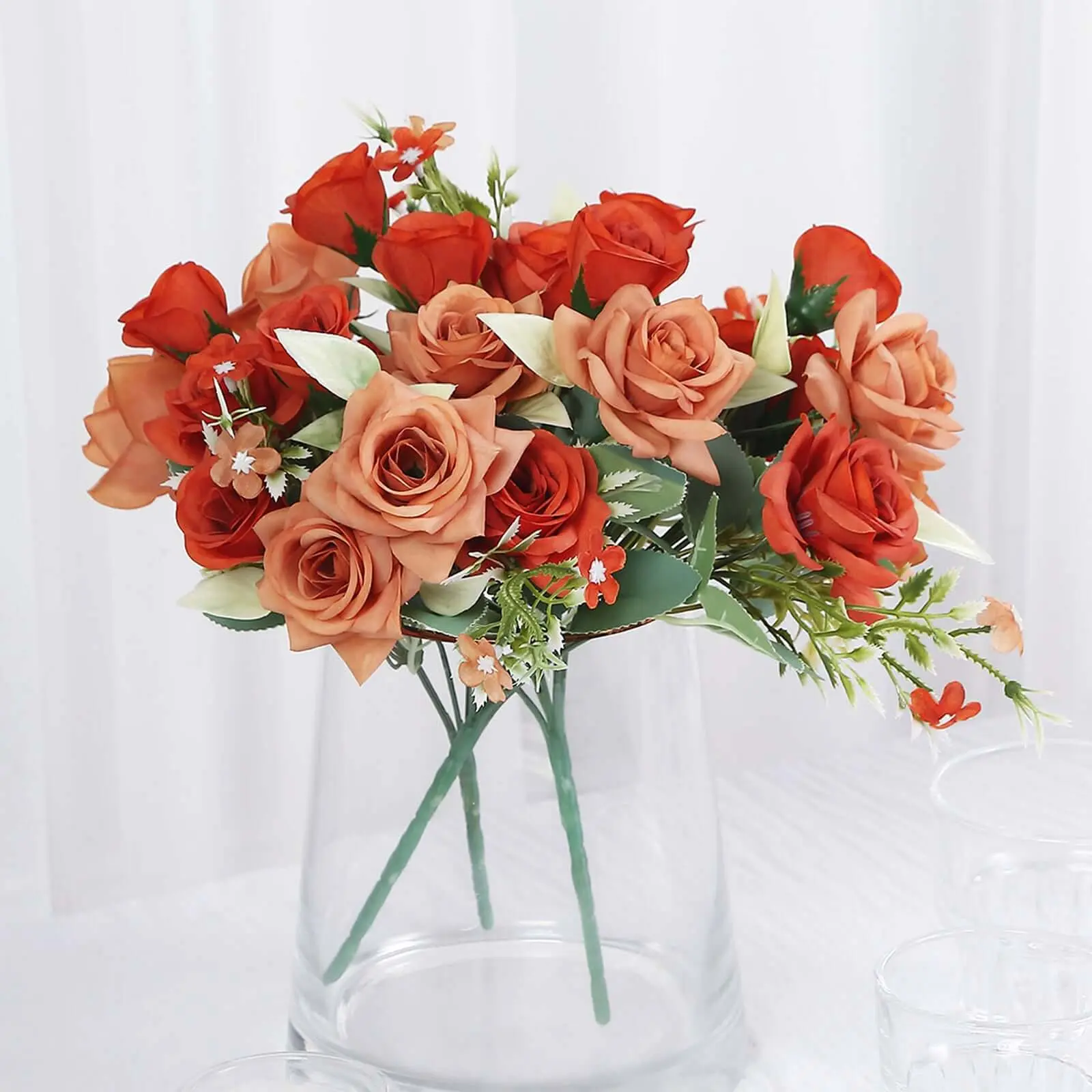 4-Pack 12in Terracotta (Rust) Real Touch Artificial Rose Flower Bushes, Artificial Indoor Decorative Faux Flower Fake Silk Plants for Home, Room Decor