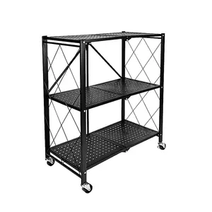 Simple Deluxe 3-Tier Heavy Duty Foldable Metal Rack Storage Shelving Unit with Wheels Moving Easily Organizer Shelves Great for Garage Kitchen Holds up to 750 lbs Capacity Shelf Adjustable