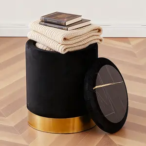 Velvet 23Qt Storage Ottoman Multipurpose Footrest Stool with Metal Base Modern Round Vanity Stool Chair Ottoman Foot Stools Support 300lbs Padded Seat for Living Room & Bedroom, Autumn, Winter, Warm