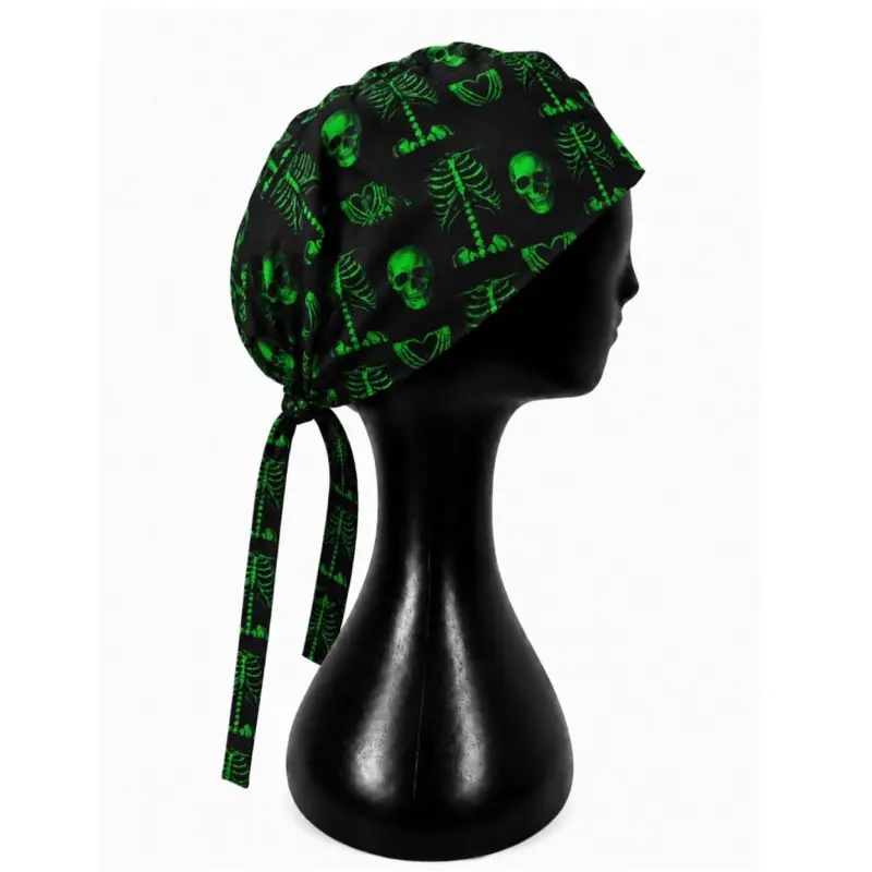 Green Skeleton Scrub Cap | Handmade Tie-Back Nurse Cap | Halloween Medical Scrub Hat | Healthcare Worker Hat