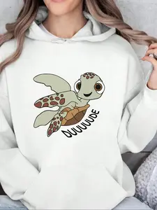 Women's Cartoon Turtle Print Drop Shoulder Hoodie, Fashion Casual Drawstring Pocket Hooded Sweatshirt for Daily Holiday Outdoor Wear, Women Clothing for Fall & Winter