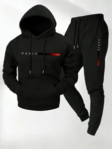 Men's Casual 2-Piece Set Featuring Paris Letter Print Hoodie with Drawstring & Jogger Pants Long Sleeve Activewear for Daily Wear Home Workouts