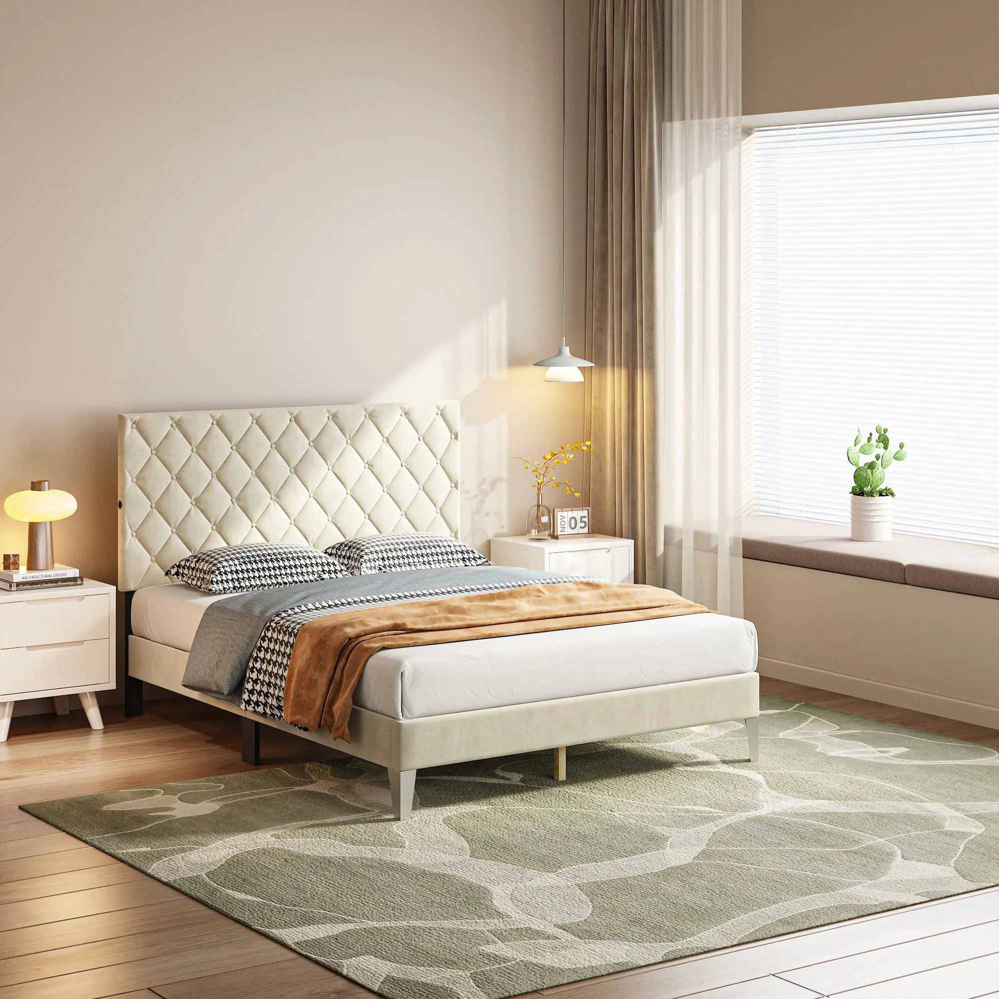 FUFU&GAGA Modern Tufted Sturdy Wood Platform Bed Frame with USB Port, Beige Velvet Platform Bed No Box Spring Needed