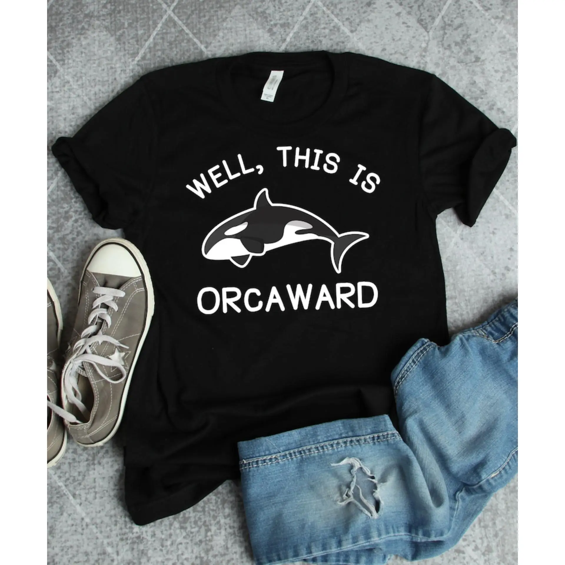 Orcaward Casual Cotton Knit Tshirt - Round Neck Short-Sleeve Orca Art Sporty Sports Top, Machine Washable, All-Season Beach Vacation Wear, Killer Whale Gift, Sporty Sports Tops