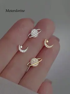 1pair Fashionable Asymmetrical Star & Moon Shaped Cubic Zirconia Stud Earrings, Unique Valentine's Day Birthday Gift For Women Holiday