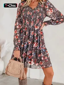 HOTAPEI Autumn Winter Home Commute Casual Wear Womenswear Knit Polyester Floral Print Elastic Waist High Waist V Neck Slim Fit Long Sleeve Dress