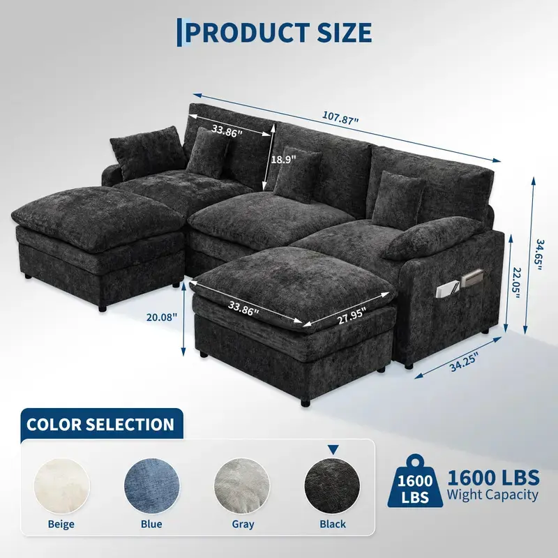 GARVEE 107.8" Modular Sectional Sofa with U-Shaped Chenille Cloud Couch Design, Movable Ottoman, and Comfy Throw Pillows, Perfect for Living Rooms, Bedrooms, and Apartment Spaces