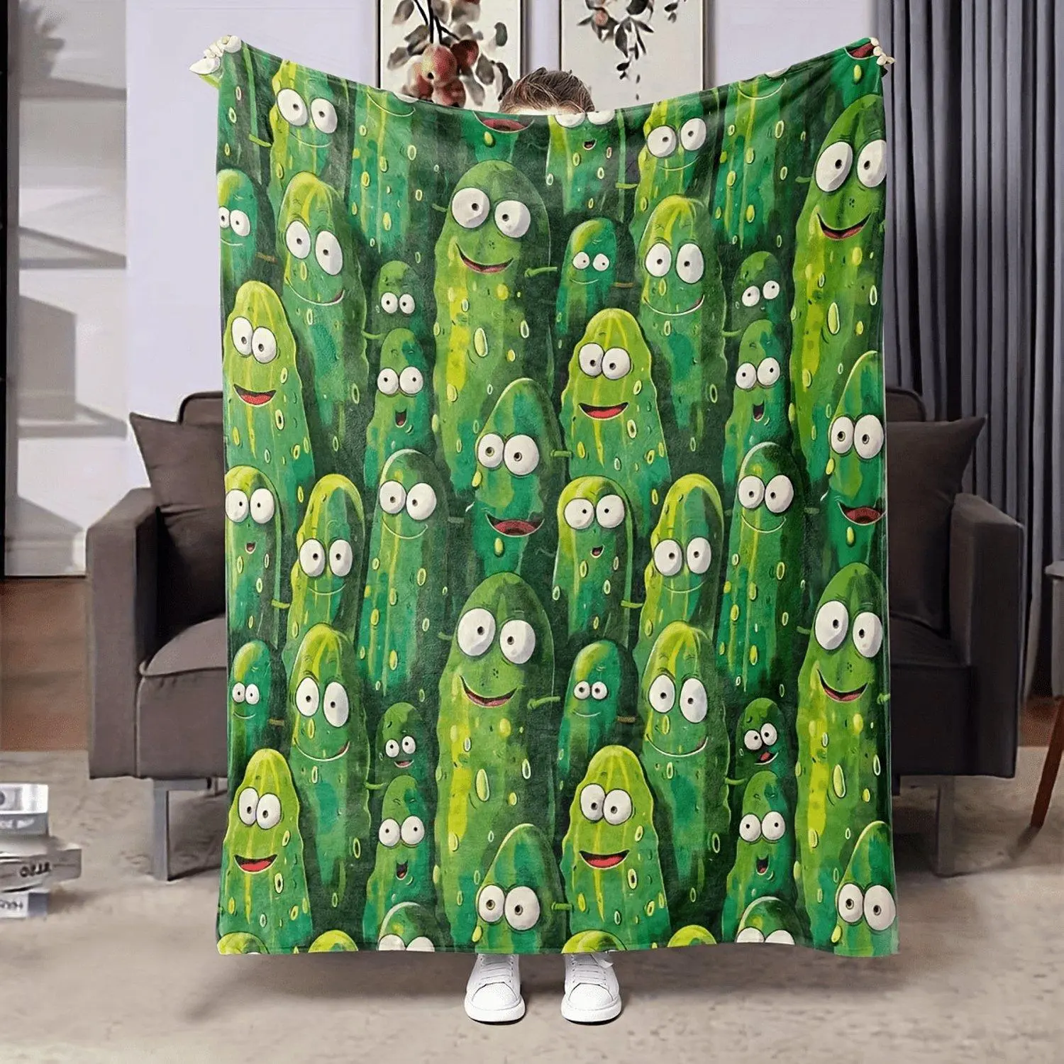 Cartoon Pickle Print Blanket Soft Funky All Season Contemporary Style Digital Print Mixed Patterns Cozy Decorative Lightweight Ideal for Bed Sofa Chair Living Room