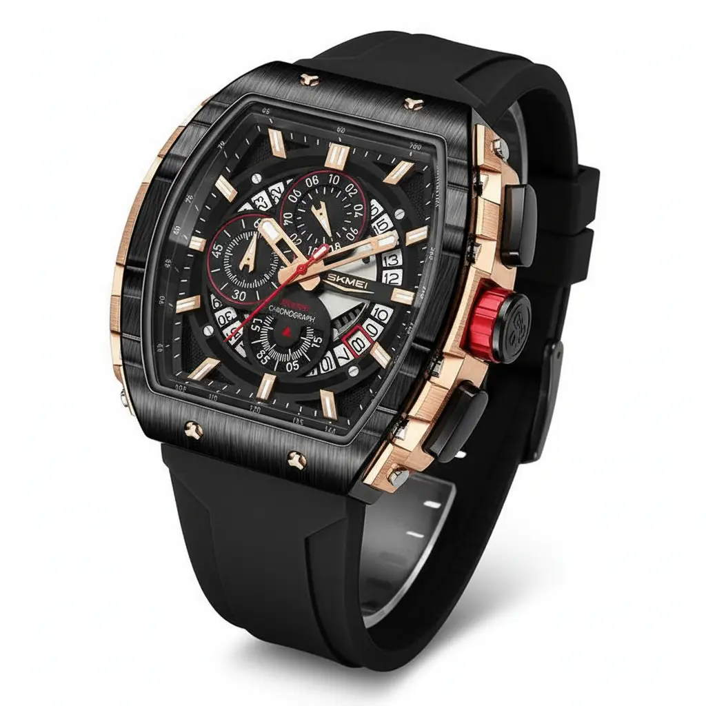 SKMEI Luxury Tonneau Chronograph Men’s Watch, Luminous Hands, Date, 30M Waterproof, Vacuum-Plated Case & Silicone Strap