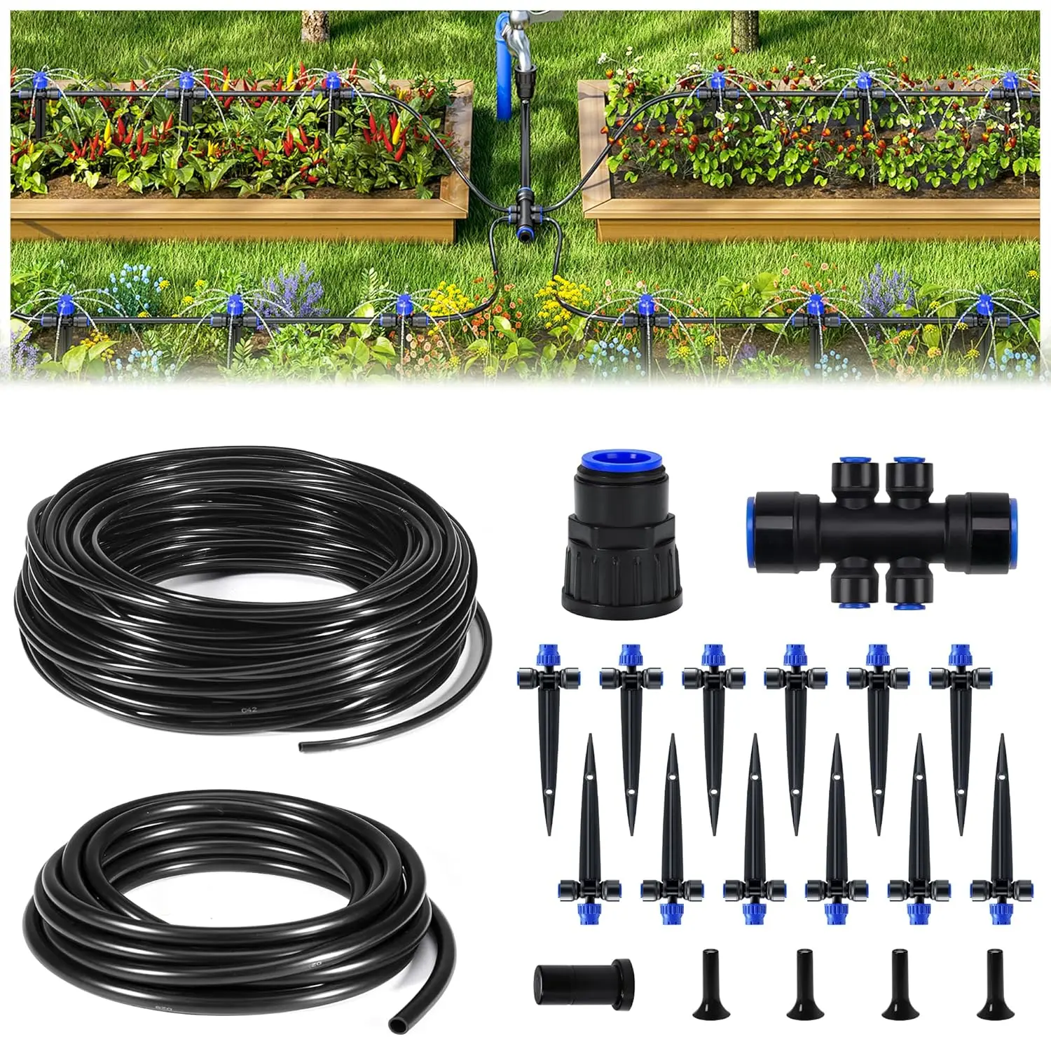220FT Drip Irrigation System, Tool-Free Quick-Connect Garden Watering System with 6-Way Connector & Adjustable Drippers, Automatic Irrigation Equipment for Raised Beds, Greenhouse, Patio