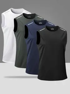 Four-piece summer sleeveless sports tank top, quick-dry fabric with reflective shoulder straps, stylish design, breathable and comfortable, essential for outdoor fitness.