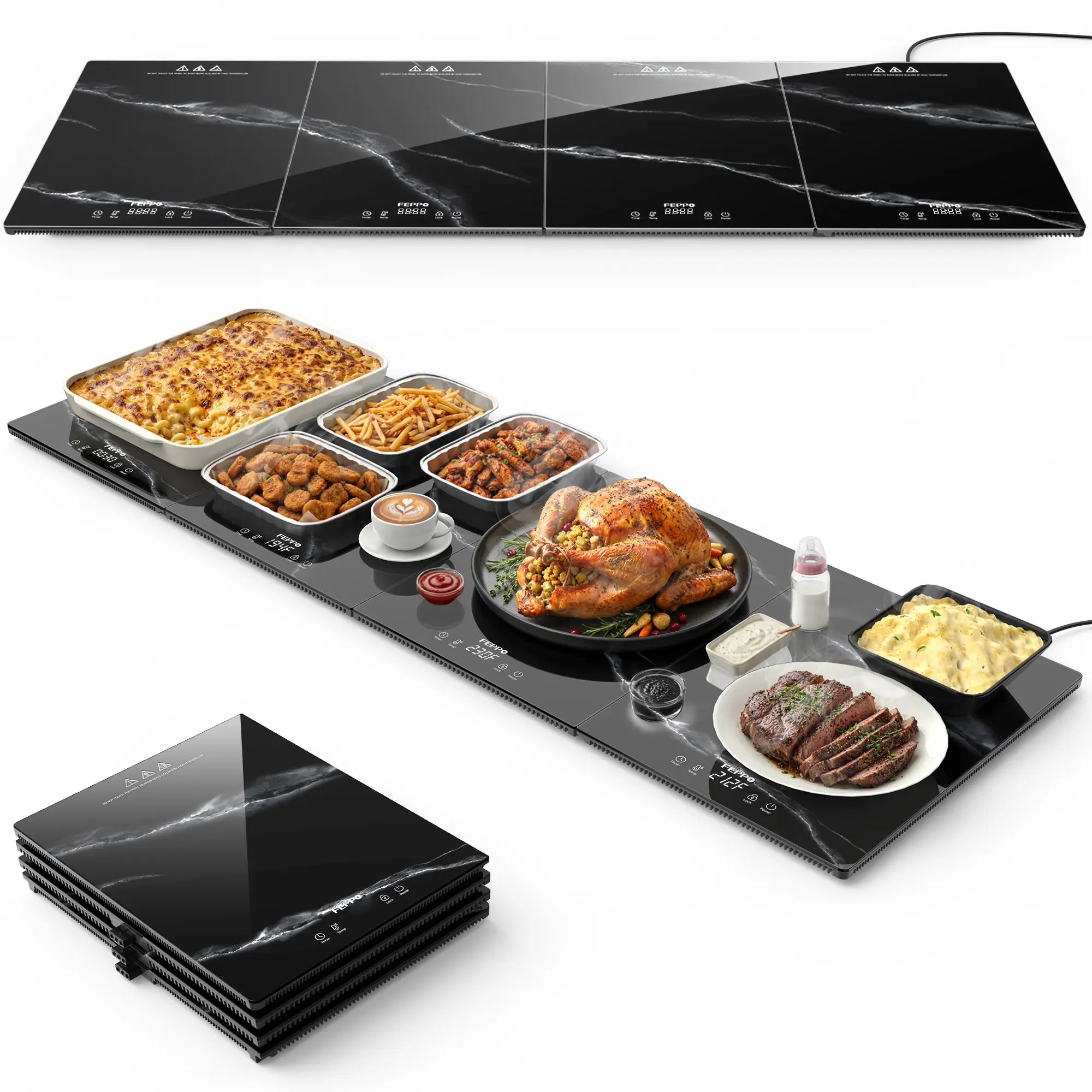 FEPPO Marble-Look Tempered Glass Food Warming Tray - 4-in-1 Electric Warmer with 4 Independent Adjustable Heat Zones, Built-in Timer, Safety Lock for Home Kitchen Parties