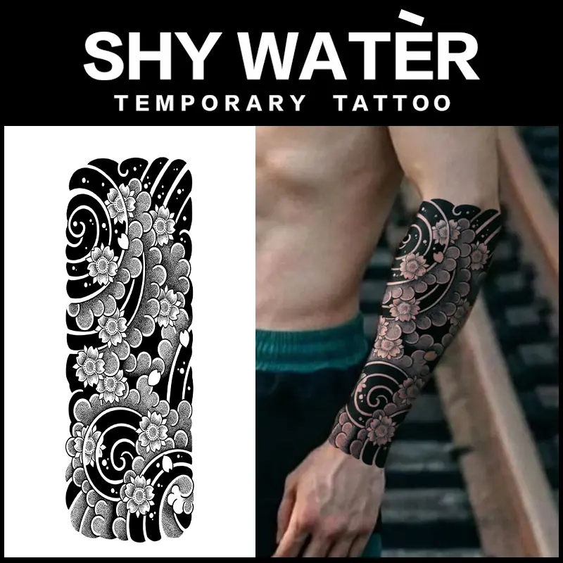 2PCS Black Traditional Japanese Wave Peony Flower Arm Cuff Wrist Band Semi Permanent Temporary Tattoo Stickers Waterproof Realistic Fake Body Tattoos For Men Women Arm Wrist