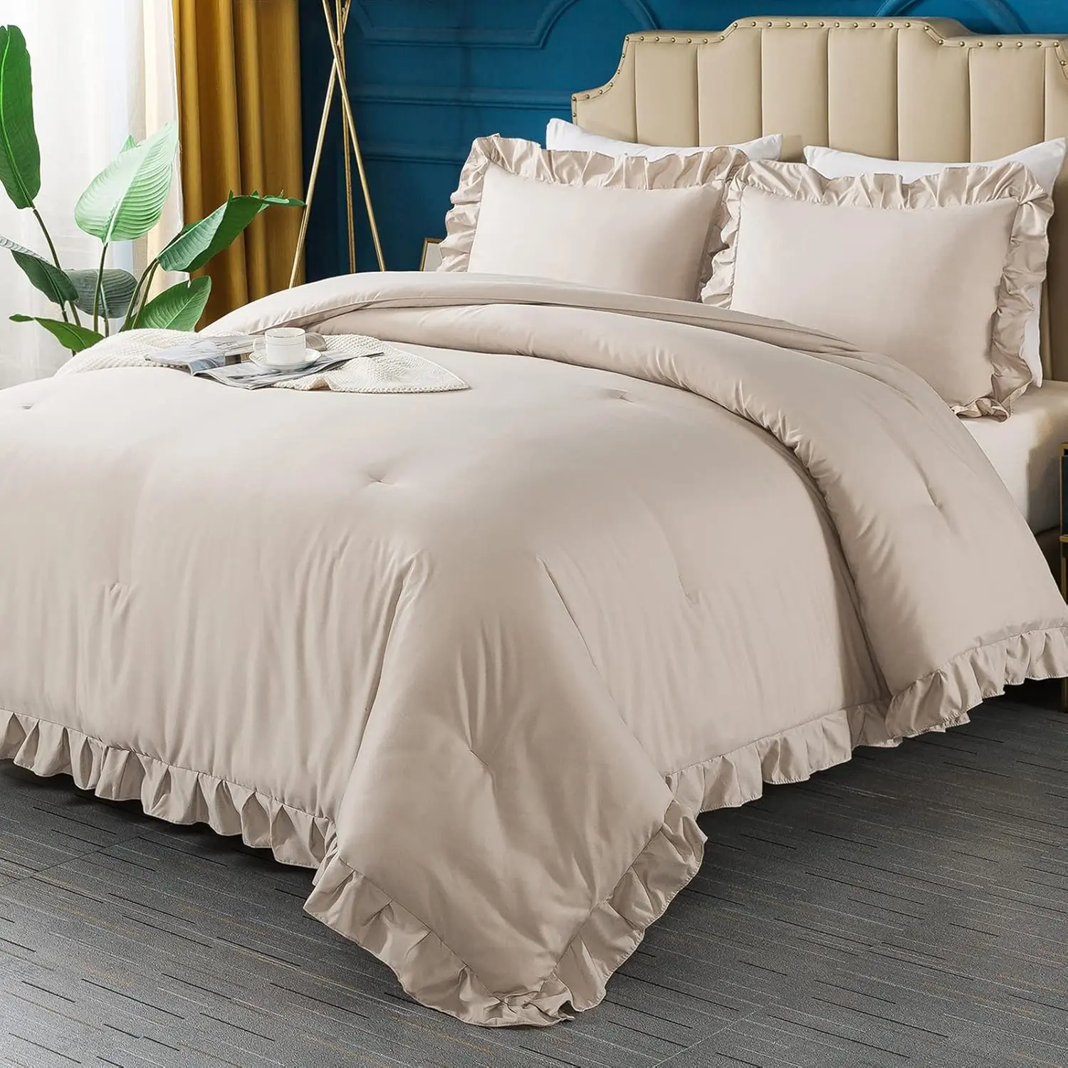 Khaki Full Size Comforter, 3 Farmhouse Ruffle Comforter  Sets, Lightweight Microfiber for Men Women