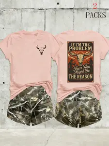 Women's 2-Pack Western Bull Print Short Sleeve T-Shirt & Camo Shorts Set, Soft Casual Fabric, Daily Streetwear Loungewear, Black Beige Pink White Purple Red Multi-Color Options