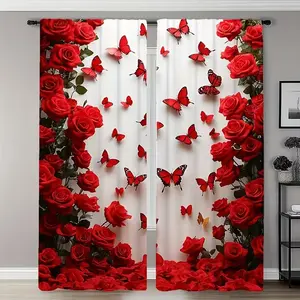 2pcs Rose and Butterfly Curtains, Romantic Valentine Design, Sheer Printed Curtains, Easy to Hang, Semi-Transparent Polyester, Perfect for Living Room Bedroom Kitchen Office, Easy Install Curtain