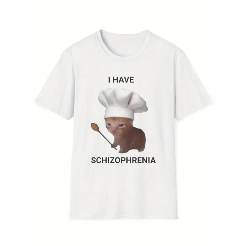 Men's Short-Sleeve Crew Neck Graphic Tee - Soft Casual Tops, Viral Cartoon Cat Chef Meme Print, Schizophrenia Awareness Gift for Cat Lovers, Shortsleeve, Menswear, T-Shirt, Round Neck, Funny Meme, Soft Cotton, Viral Meme