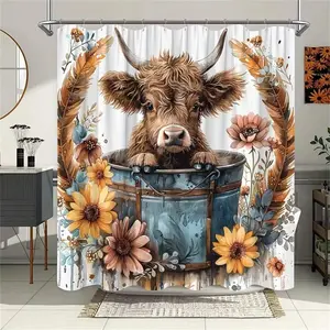Rustic Highland Cow Shower Curtain, Sunflower Daisy Eucalyptus Bath Curtain with Hooks, Waterproof Farmhouse Bathroom Decor, 70.8x70.8 Inch
