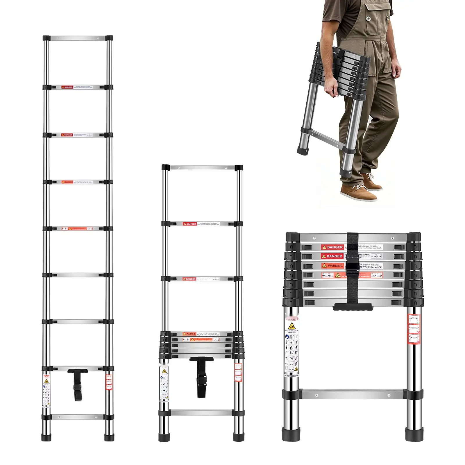 Telescoping Stainless Steel Ladder, Adjustable Extension Step Ladder, 8.5 Ft Reach, Portable Folding Design for Home, Garage, and Jobsite, Anti-Slip Feet, Lightweight Durable Construction for Indoor and Outdoor Use