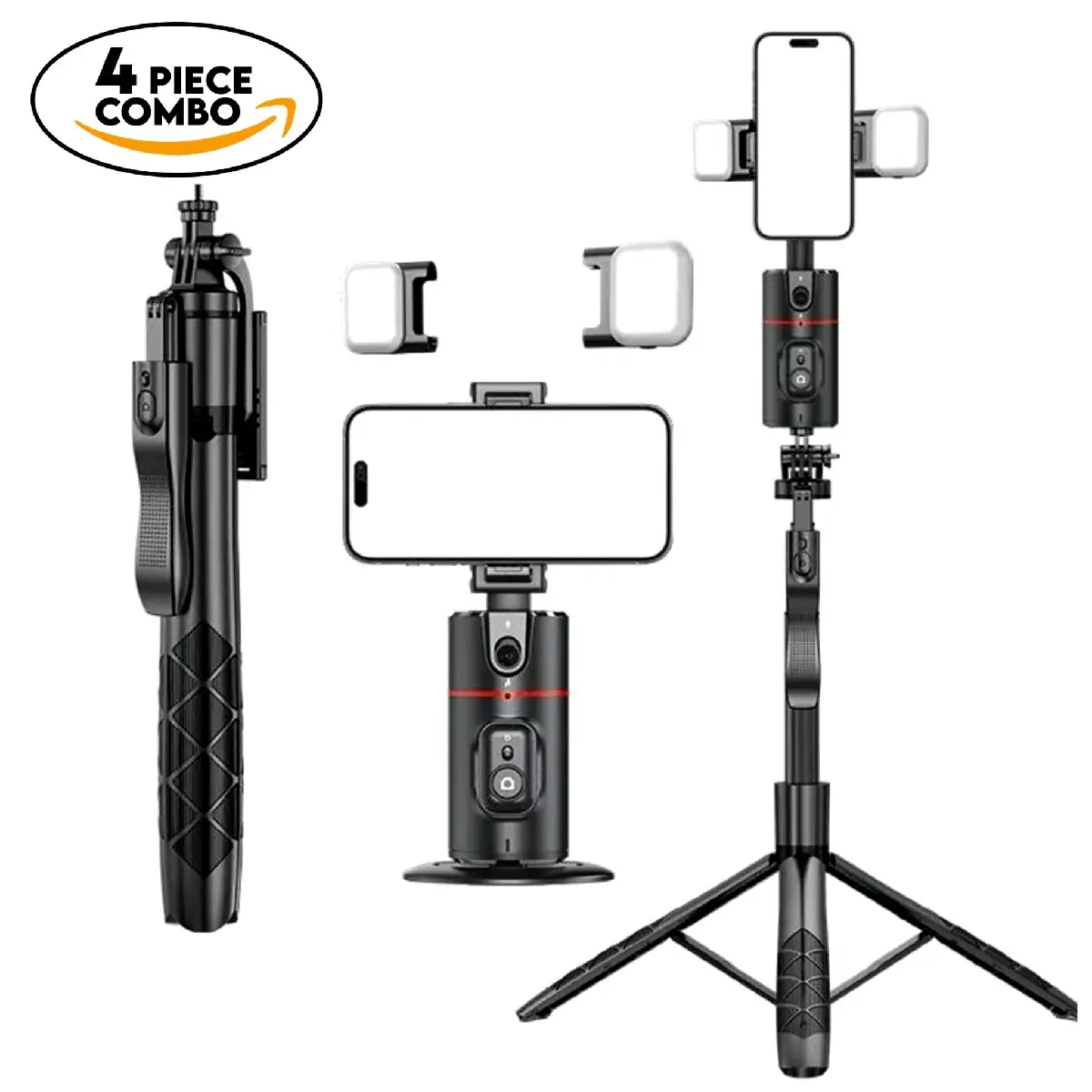 Everything Included- Gimbal Auto Face Tracking- Combo Pack- W/ Separate Extendable Selfie Stick Tripod, Remote Control w/2 Piece LED Lights. 360° Rota