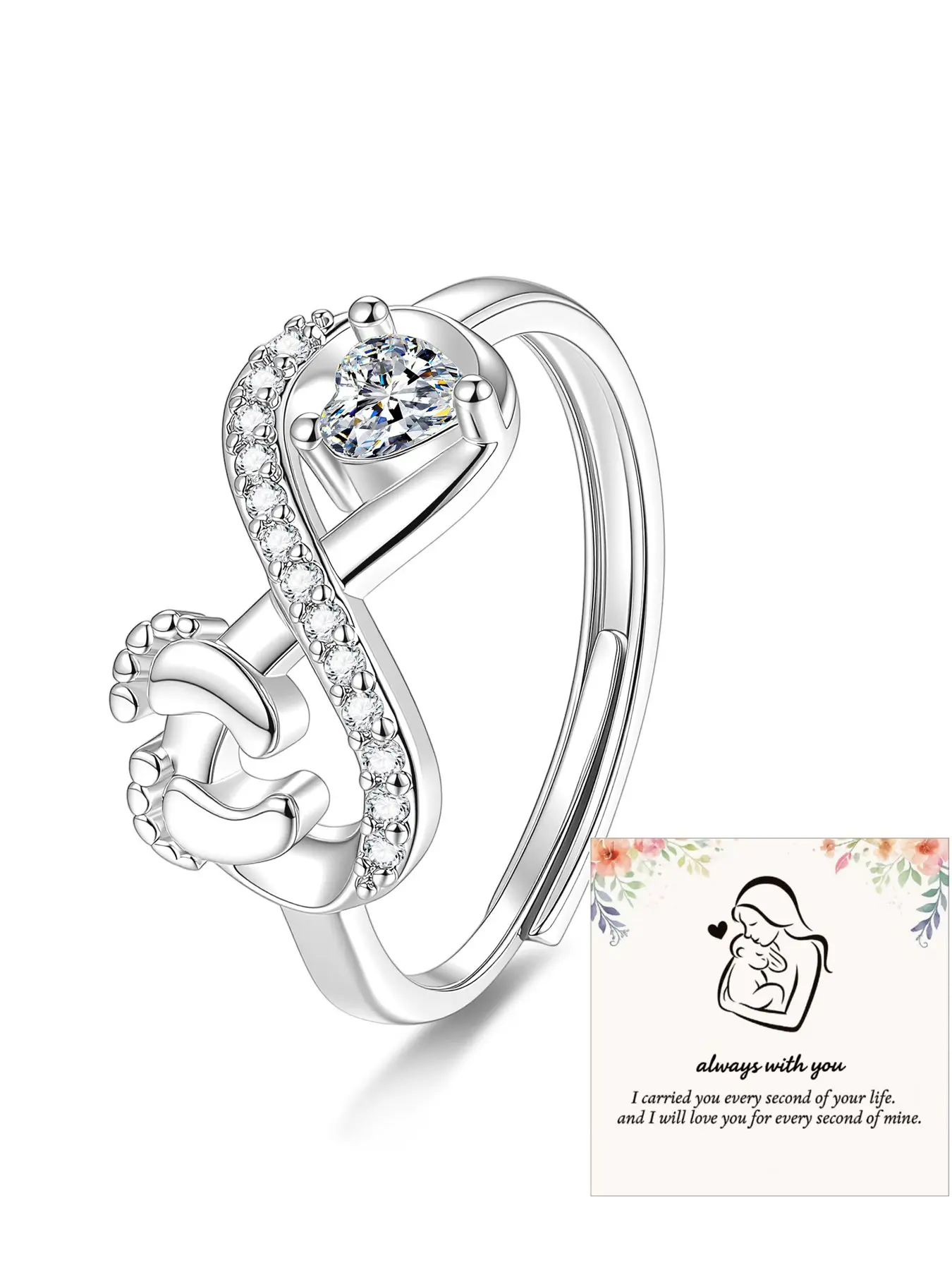 Fashion Footprint Ring, Heart-Shaped Index Finger Ring, Heart Design Ring, Adjustable Open Ring, Cubic Zirconia, Gift Card Included, Perfect for Mom and Kids