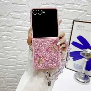 Pearl Butterfly Phone Case for Samsung Galaxy Z Flip7/6/5/4/3, Anti-Slip Shockproof Cover, Elegant Design with Chain Strap