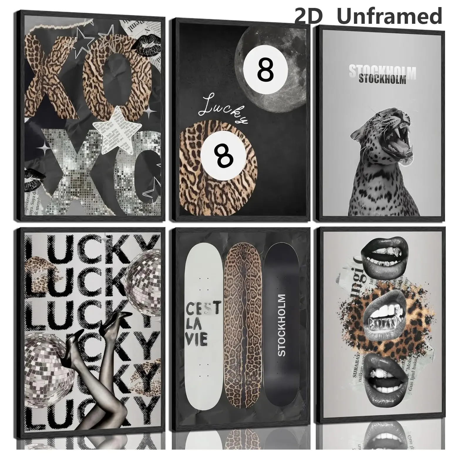 6-Piece Set | Frameless | Stylish Leopard-Print Wall Art | Stockholm-Style Posters Art Prints | Printed | Cool Cheetah Canvas Wall Decor | Artistic Indoor Decoration | Lucky No. 8 Ball Artwork | Perfect for Girls' Bedrooms, Apartments, and Dorm Rooms