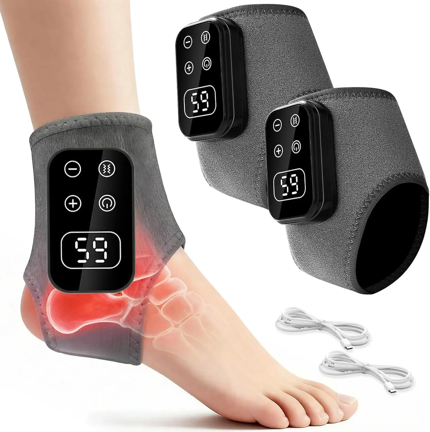 Triple Therapy Foot Massager 2PCS with Heat and Vibration Rechargeable Ankle and Heel Feet Massager Heated Feet Pad with 5 Massage Modes & 5 Heat Levels Portable for Home Travel Use