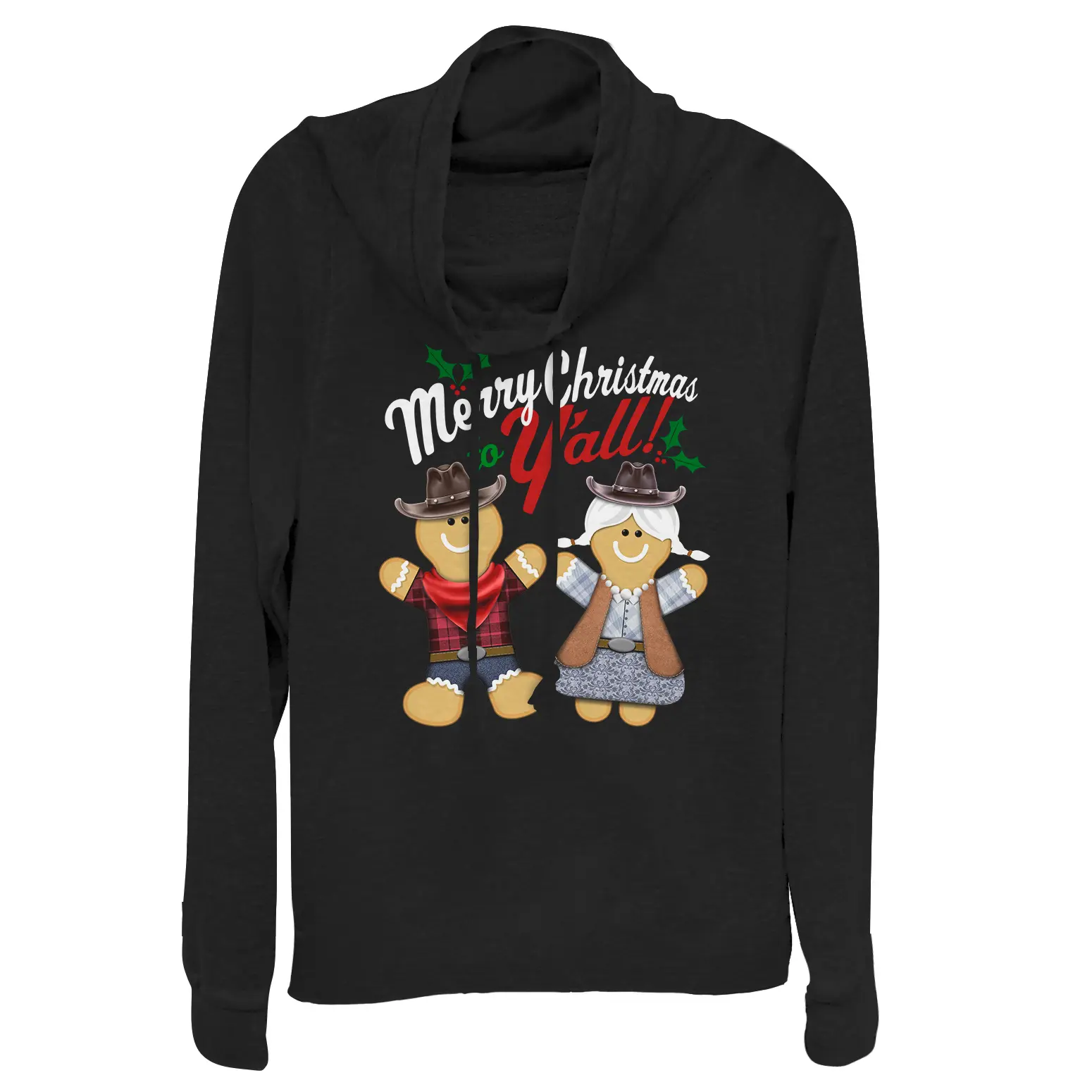 Juniors Womens Lost Gods Christmas Y'All Gingerbread Cowl Neck Sweatshirt
