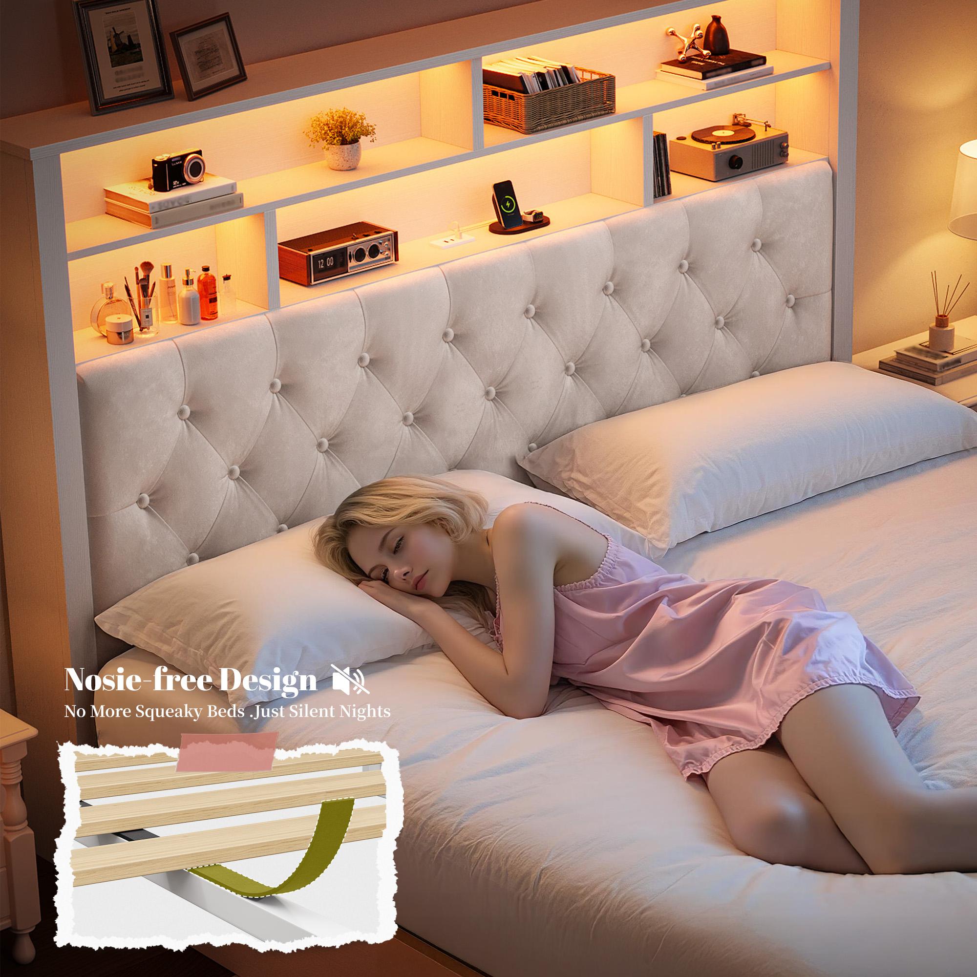 Raybee Luxury Modern LED Bed Frame with Power Stripes, Tufted Velvt Upholstered Full /Queen/King Size Bed Frame with Bookcase Storage Headboard, Heavy Duty Platform Bed Frame Holds 900LBS, NO Noise, No Box Spring Needed, Space Saving Hacks, Beige, Gray