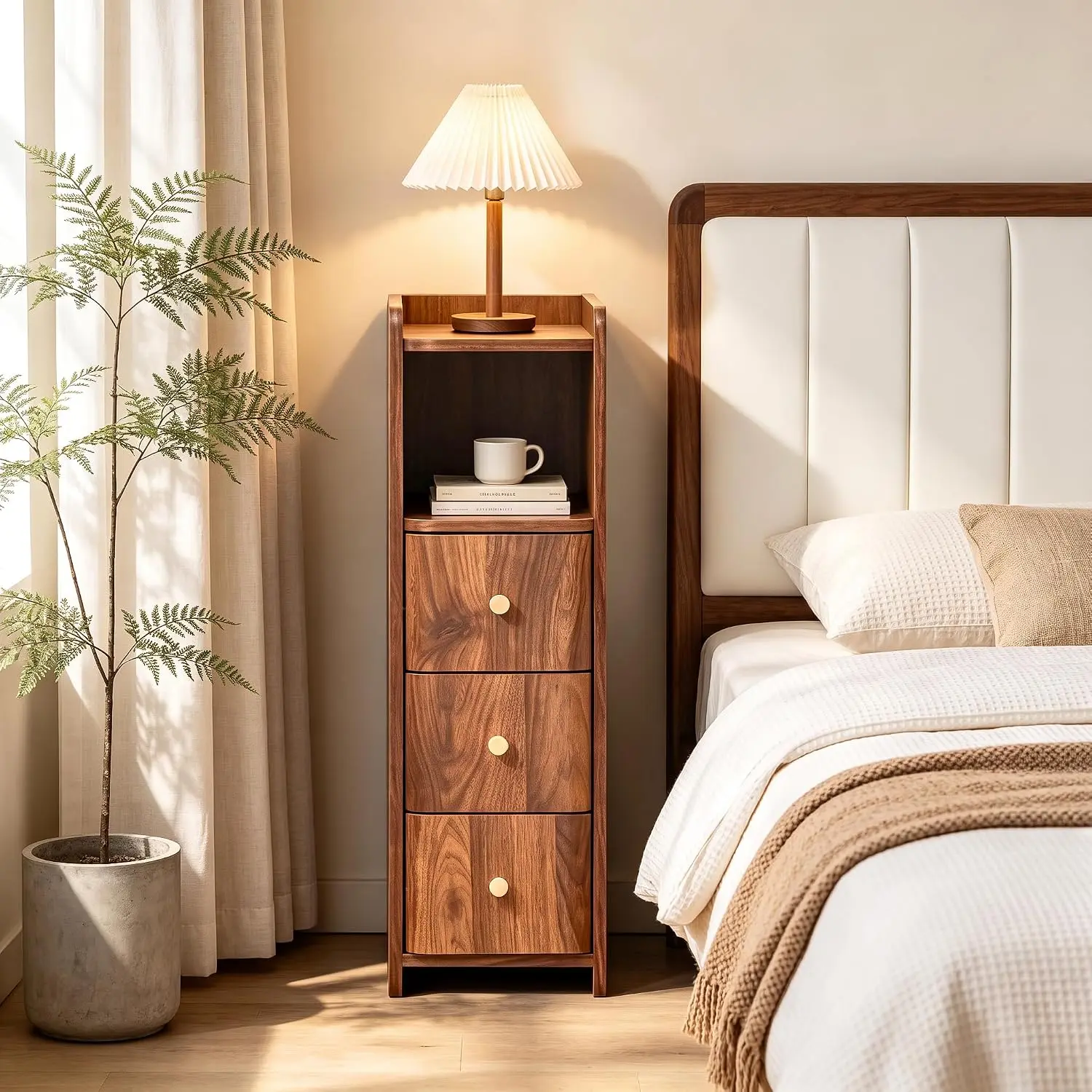 FurSch 7.87”W Narrow Nightstand with 3/4/5 Drawers, Tall Walnut Bedside Table with Open Shelf, Slim Storage Cabinet for Bedroom, Bathroom & Small Spaces