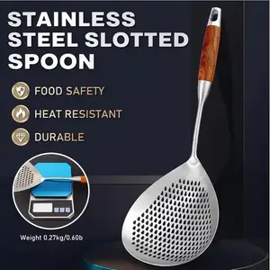 Stainless Steel Slotted Spoon with Wood Handle - Heat Resistant, Food Safe Skimmer Strainer for Cooking & Frying