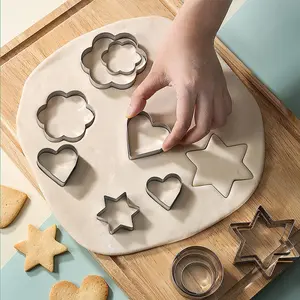 12 piece set of stainless steel biscuit baking molds - multi shaped hearts, stars, flowers, circles, hearts