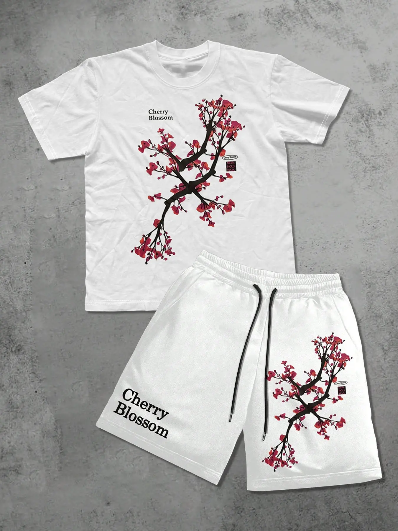 Men's Casual Short Sleeve Round Neck Plum Print Tee and Drawstring Waist Shorts Set, Menswear Tops Sporty Street Dance Gym Outdoor School Outfits