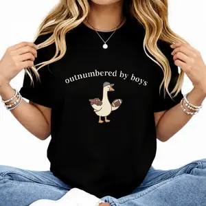 Women's Cotton Short-Sleeve Crew Neck Fitted Graphic T-Shirt - Streetwear, Lightweight, Vintage, Everyday Funny Boy Mom Goose Tee, Outnumbered Mama Mother's Day Gift summerwins,summerwins
