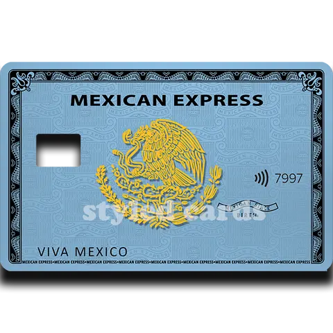 Mexican Express Blue rectangle vinyl sticker - Model 7997 with Logo Design and Card Number