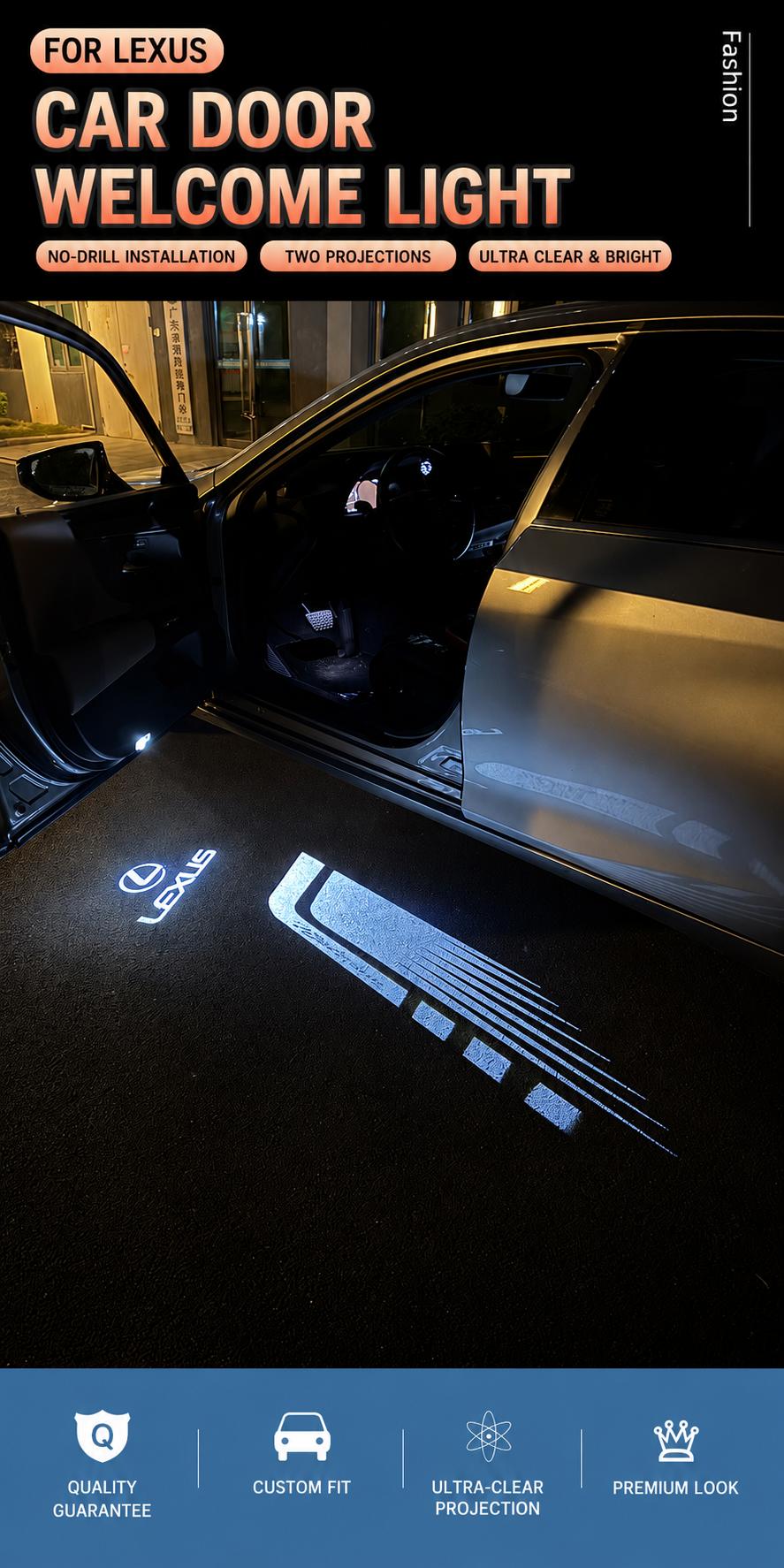 Vehicle-Specific Fit LED Car Door Projector Lights with Logo Patterns for Lexus ES, LS, UX (2019-2025), IS, RX300, RX200, LC - Front Doors Only, Courtesy Ground Upgrade