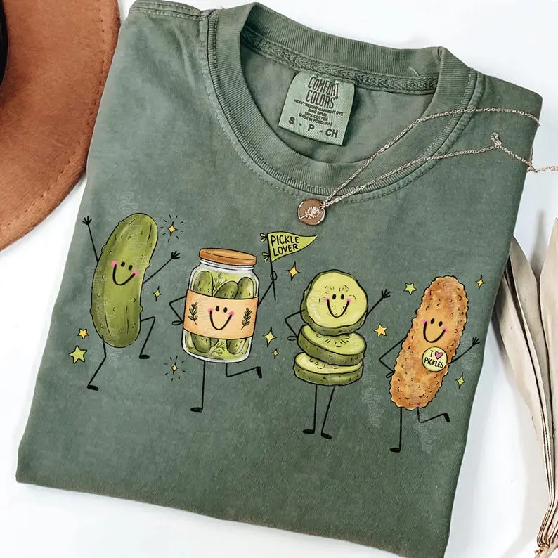 Comfort Colors Happy Pickle Doodle Shirt, Cute Smiling Characters Tee, Funny Pickle Lover T-Shirt, Whimsical Food Graphic Shirt, Retro Doodle Apparel, Gift for Pickle Fans