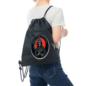 Grim Reaper Printed Drawstring Backpack Durable Gym Bag with Zipper Pocket for Outdoor Sports Travel School Use Trendy Casual Style Perfect Halloween Birthday Christmas Gift for Teen and Young Adults