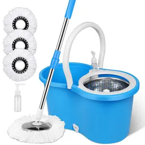 Mop Bucket with Wringer Set, Extended Stainless Steel Handle, 3 Microfiber Replacement Mop Head Refills for Household Cleaning Adjustable